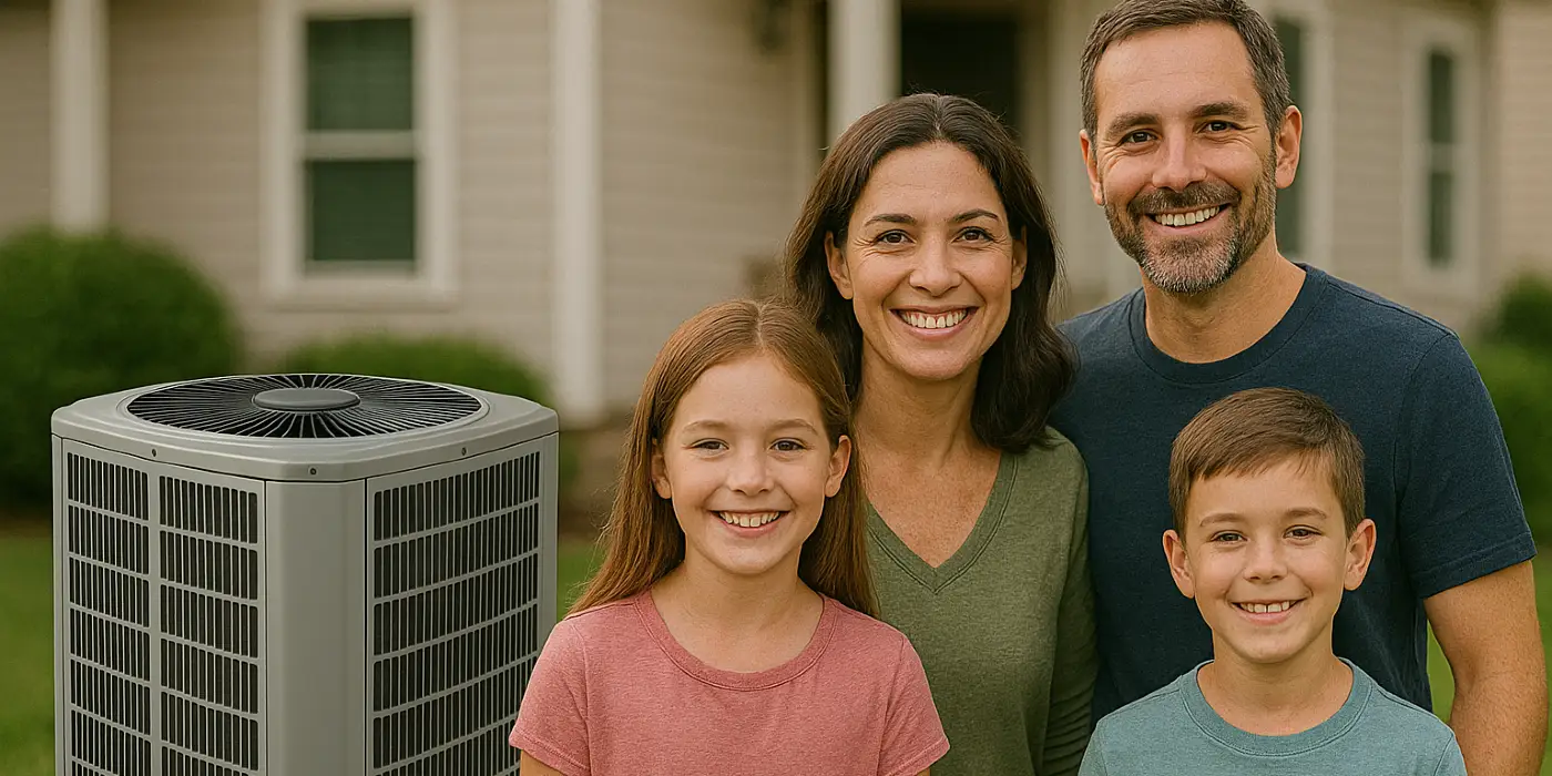 a family outside the house smiling at the camera with a new AC unit next to them from Air Conditioning Repair West Lake in West Lake Hills, TX - 24 Hour Air Conditioning Repair a family outside the house smiling at the camera with a new AC unit next to them from Air Conditioning Repair West Lake in West Lake Hills, TX - 24 Hour Air Conditioning Repair