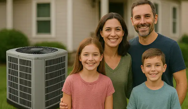 a family outside the house smiling at the camera with a new AC unit next to them from Air Conditioning Repair West Lake in West Lake Hills, TX - 24 Hour Air Conditioning Repair