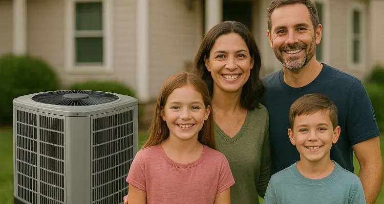 a family outside the house smiling at the camera with a new AC unit next to them from Air Conditioning Repair West Lake in West Lake Hills, TX - 24 Hour Air Conditioning Repair