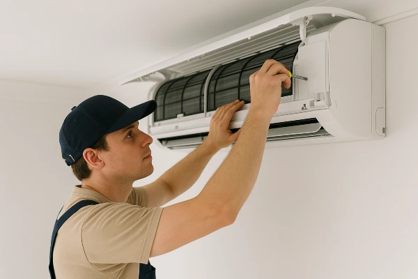 a male air conditioning technician checking a mini split AC unit from Air Conditioning Repair West Lake in West Lake Hills, TX - 24 Hour Air Conditioning Repair a male air conditioning technician checking a mini split AC unit from Air Conditioning Repair West Lake in West Lake Hills, TX - 24 Hour Air Conditioning Repair