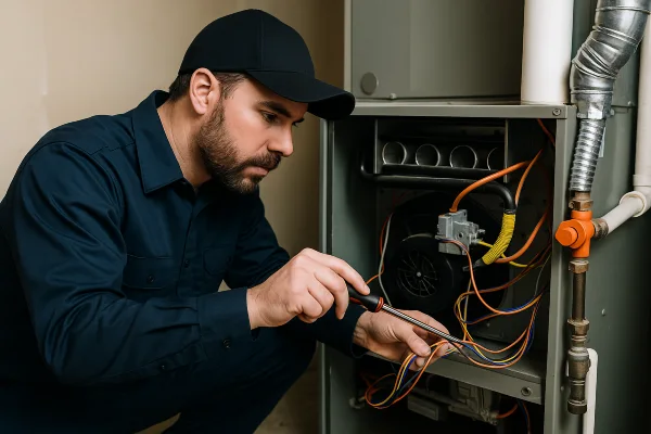 a male air conditioning technician checking a furnace wiring from Air Conditioning Repair West Lake in West Lake Hills, TX - 24 Hour Air Conditioning Repair a male air conditioning technician checking a furnace wiring from Air Conditioning Repair West Lake in West Lake Hills, TX - 24 Hour Air Conditioning Repair