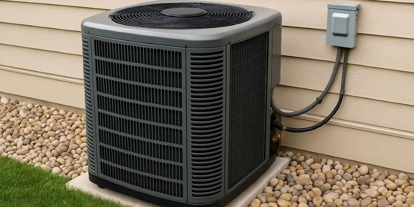a brand new AC unit outside on a concrete slab from Air Conditioning Repair West Lake in West Lake Hills, TX - Air Conditioner Tune Up