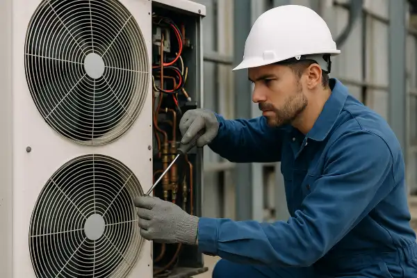 a male air conditioning technician using a scredriver to open an AC unit from Air Conditioning Repair West Lake in West Lake Hills, TX - Air Conditioner Tune Up