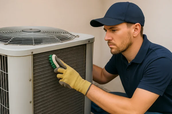 a male air conditioning technician cleaning the coils of an old AC unit from Air Conditioning Repair West Lake in West Lake Hills, TX - Air Conditioner Tune Up