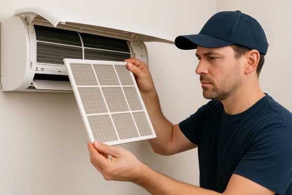 a male air conditioning technician replacing an ac filter from Air Conditioning Repair West Lake in West Lake Hills, TX Air Conditioning Technician near me