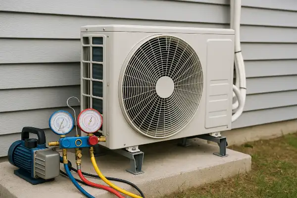 an ac unit outside with an ac manifold gauge next to it from Air Conditioning Repair West Lake in Austin, TX - Austin TX