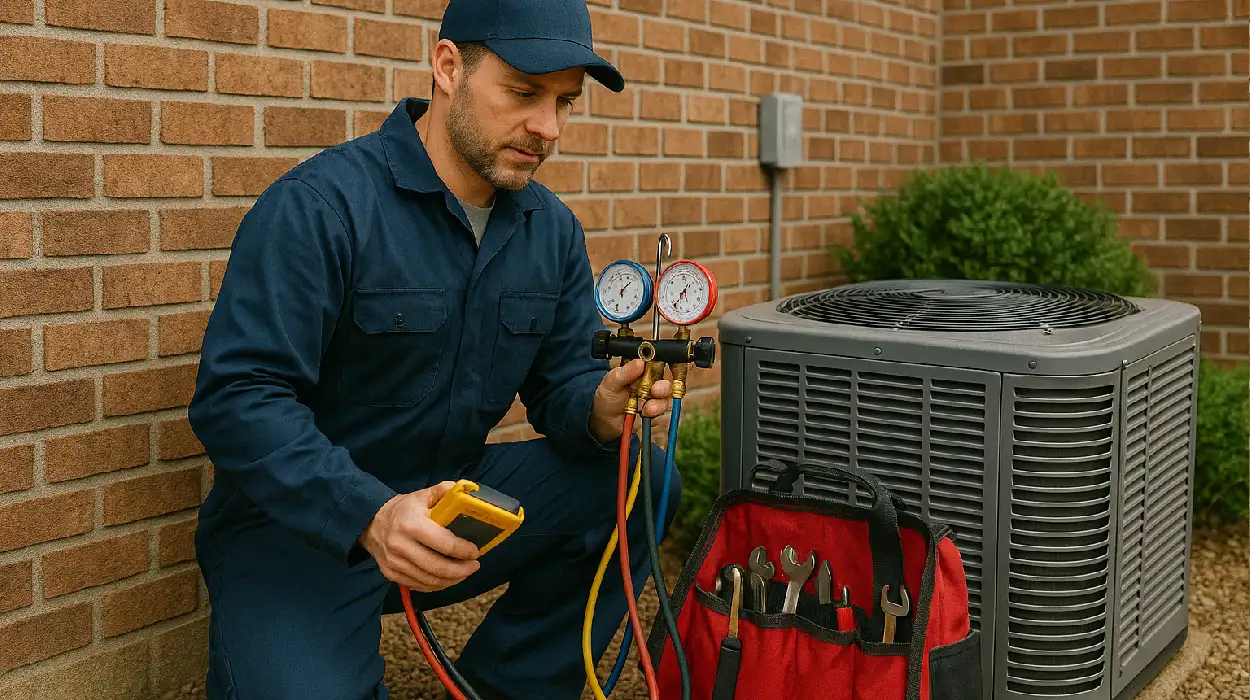 an air conditioning technician with his tools checking an outside ac unite from Air Conditioning Repair West Lake in Cedar Park, TX - Cedar Park TX