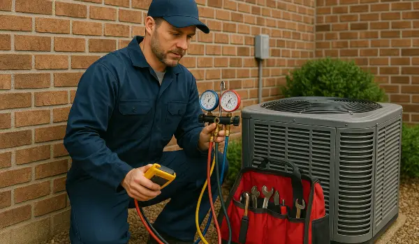 an air conditioning technician with his tools checking an outside ac unite from Air Conditioning Repair West Lake in Cedar Park, TX - Cedar Park TX