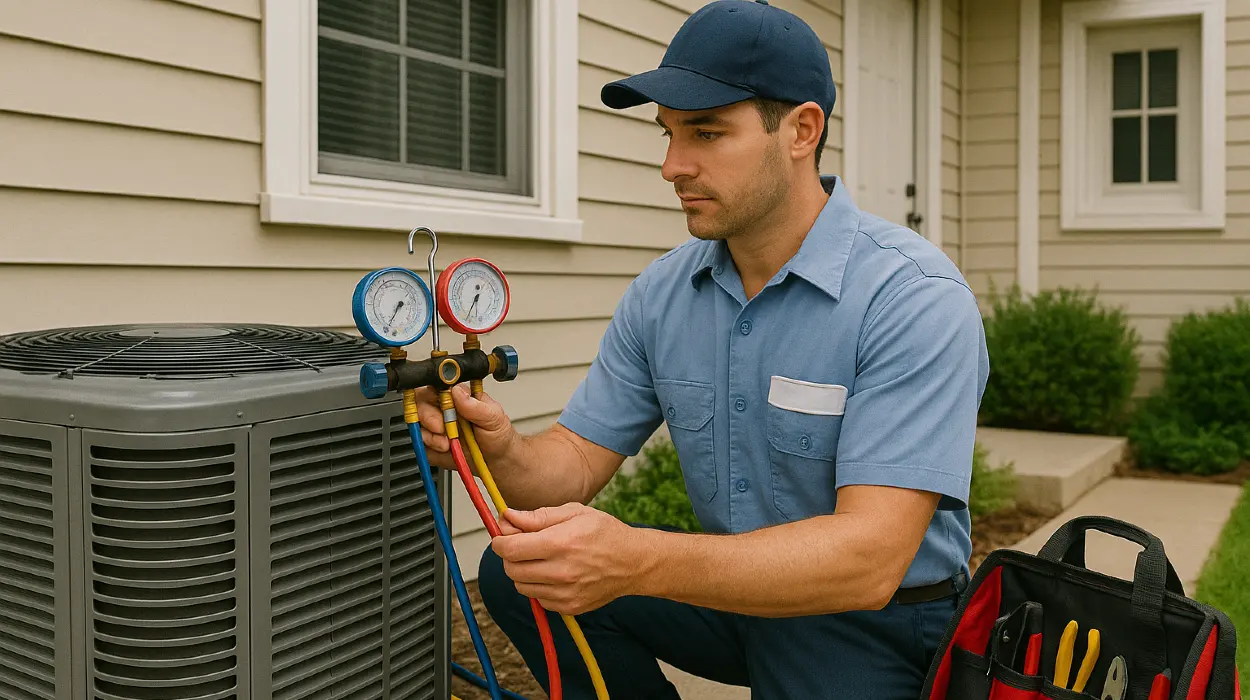 an air conditioning technician in uniform using the manifold gauge to test an ac unit from Air Conditioning Repair West Lake in West Lake Hills, TX - Commercial Air Conditioning Repair