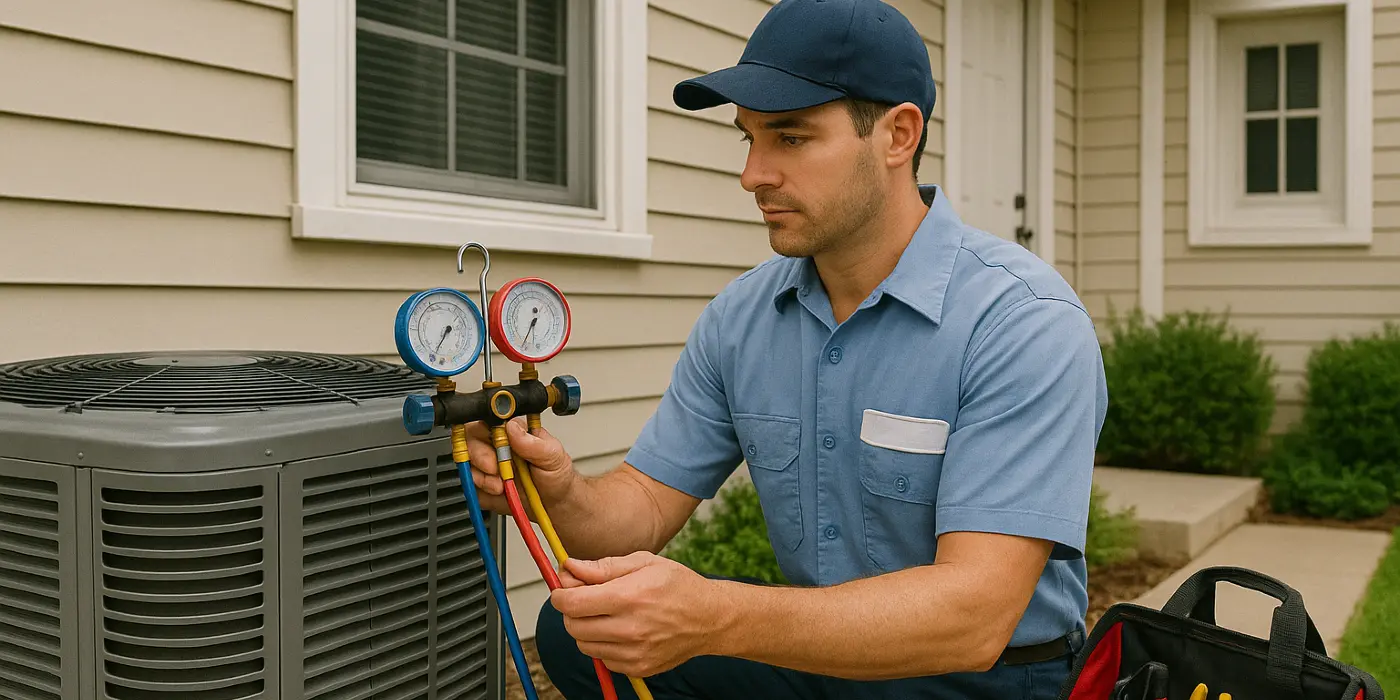 an air conditioning technician in uniform using the manifold gauge to test an ac unit from Air Conditioning Repair West Lake in West Lake Hills, TX - Commercial Air Conditioning Repair