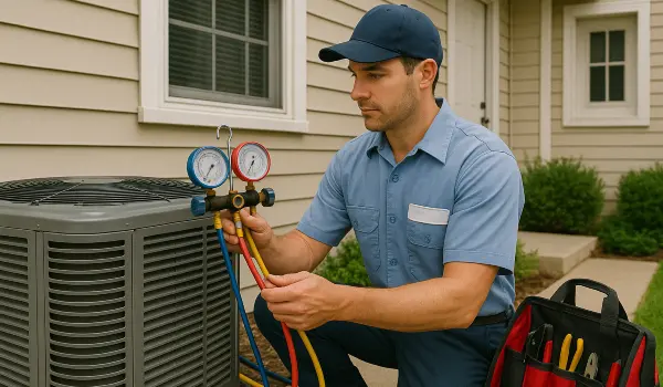 an air conditioning technician in uniform using the manifold gauge to test an ac unit from Air Conditioning Repair West Lake in West Lake Hills, TX - Commercial Air Conditioning Repair
