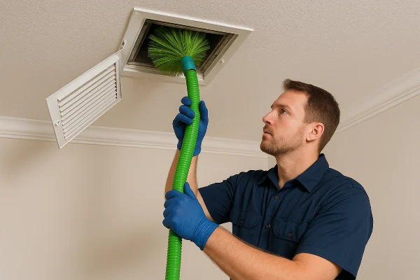 an air conditioning technician cleaning the ducts with a machine from Air Conditioning Repair West Lake in West Lake Hills, TX - Commercial Air Conditioning Repair