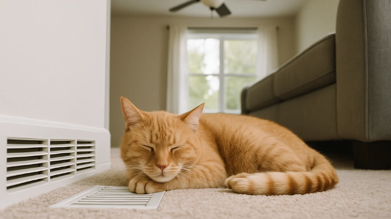 an orange cat laying on the carpet next to an AC vent from Air Conditioning Repair West Lake in West Lake Hills, TX - Common AC Problems