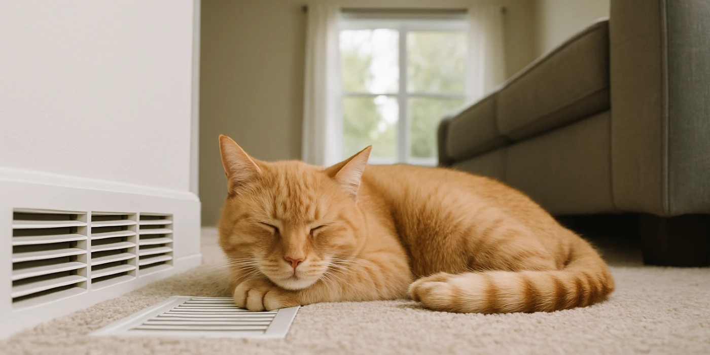 an orange cat laying on the carpet next to an AC vent from Air Conditioning Repair West Lake in West Lake Hills, TX - Common AC Problems