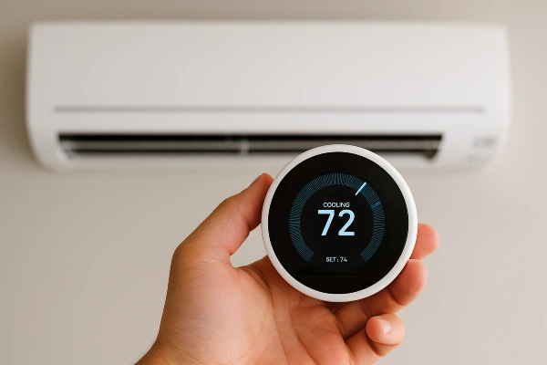 a hand holding a thermostat showing 72 degree cooling from Air Conditioning Repair West Lake in West Lake Hills, TX - Common AC Problems
