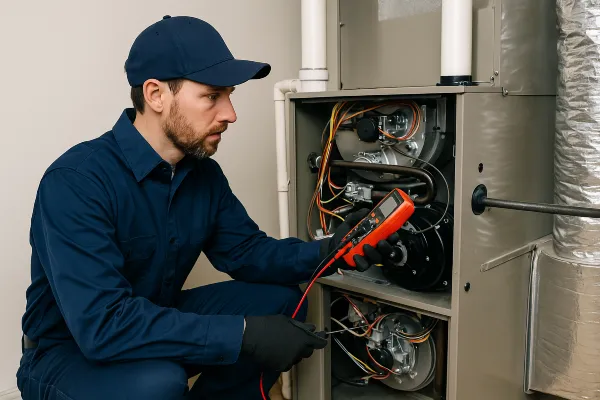 a male air conditioning technician using a current meter on a furnace unit from Air Conditioning Repair West Lake in West Lake Hills, TX - Common AC Problems
