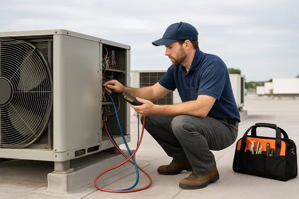 a male air conditioning technician on the roof checking an AC unit from Air Conditioning Repair West Lake in West Lake Hills, TX - Common AC Problems