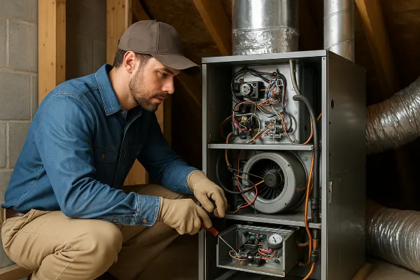 an air conditioning technician with a screwdriver checking the wiring of a furnace from Air Conditioning Repair West Lake in West Lake Hills, TX - Duct Cleaning Services