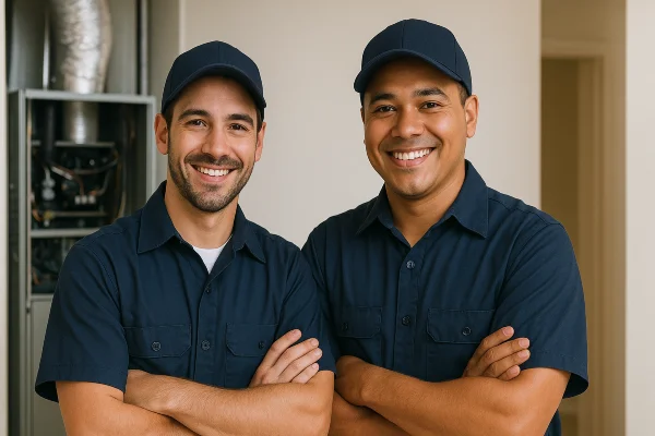 2 air conditioning technician smiling at the camera from Air Conditioning Repair West Lake in West Lake Hills, TX - Duct Cleaning Services