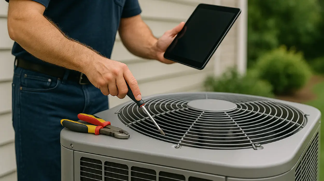a male air conditioning technician testing an outside ac unit from Air Conditioning Repair West Lake in West Lake Hills, TX - Emergency Ac Repair