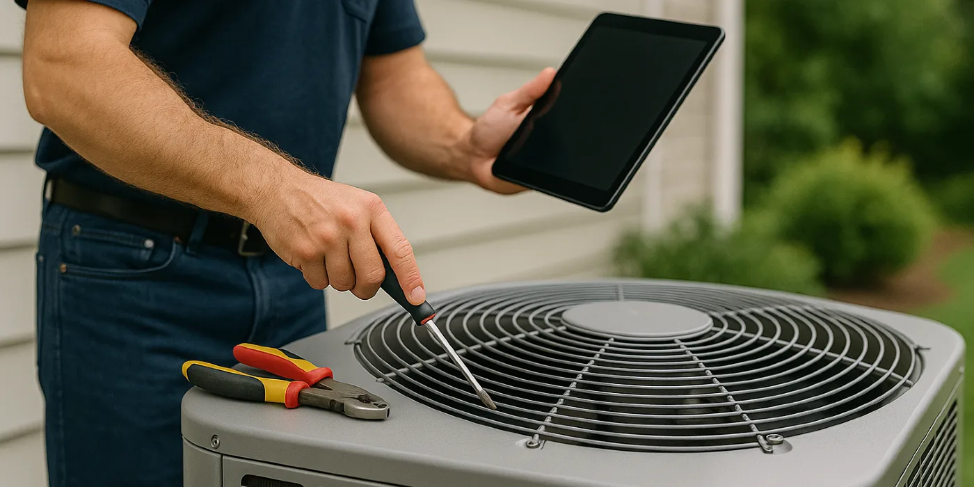 a male air conditioning technician testing an outside ac unit from Air Conditioning Repair West Lake in West Lake Hills, TX - Emergency Ac Repair