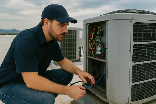 a male air conditioning technician checking a commercial ac unit located on the roof of the building from Air Conditioning Repair West Lake in West Lake Hills, TX - Emergency Ac Repair