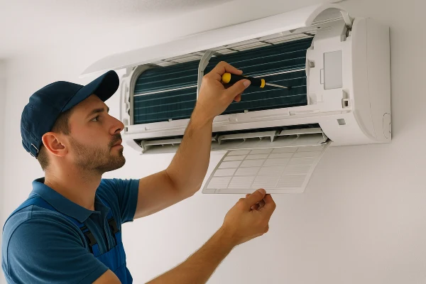 an air conditioning technician checking a mini split ac from Air Conditioning Repair West Lake in West Lake Hills, TX - Emergency Ac Repair