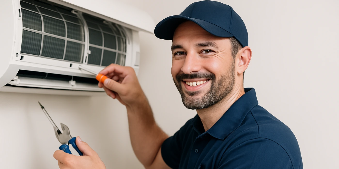 a male air conditioning techinican using a screwdriver to open a mini split unit and smiling at the camera from Air Conditioning Repair West Lake in West Lake Hills, TX - Heating Contractors