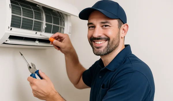 a male air conditioning techinican using a screwdriver to open a mini split unit and smiling at the camera from Air Conditioning Repair West Lake in West Lake Hills, TX - Heating Contractors