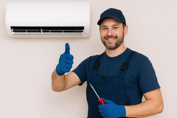 a male air conditioning technician smiling and giving a thumbs-up at the camera from Air Conditioning Repair West Lake in West Lake Hills, TX - Heating Contractors