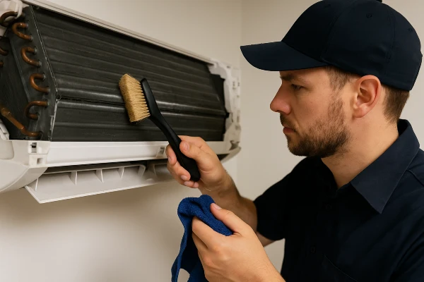 an air conditioning technician cleaning the coils of an AC unit from Air Conditioning Repair West Lake in West Lake Hills, TX - Heating Contractors