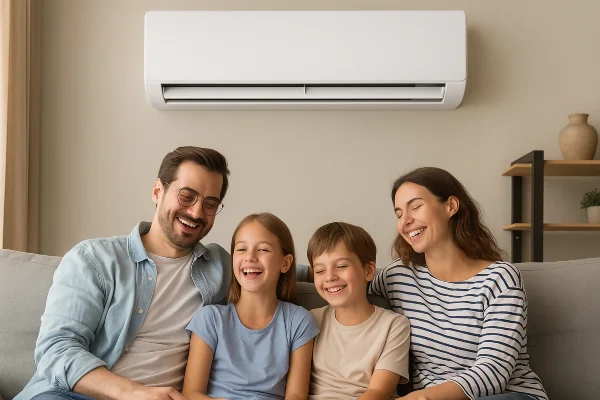 a family on a couch enjoying the cool air coming from a mini split AC unit from Air Conditioning Repair West Lake in West Lake Hills, TX - Heating Contractors