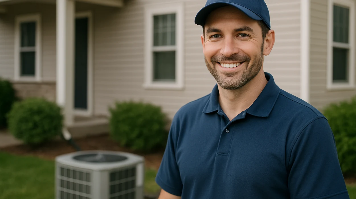 an air conditioning technician on the front porch smiling at the camera and an AC unit next to him from Air Conditioning Repair West Lake in West Lake Hills, TX - HVAC Replacement