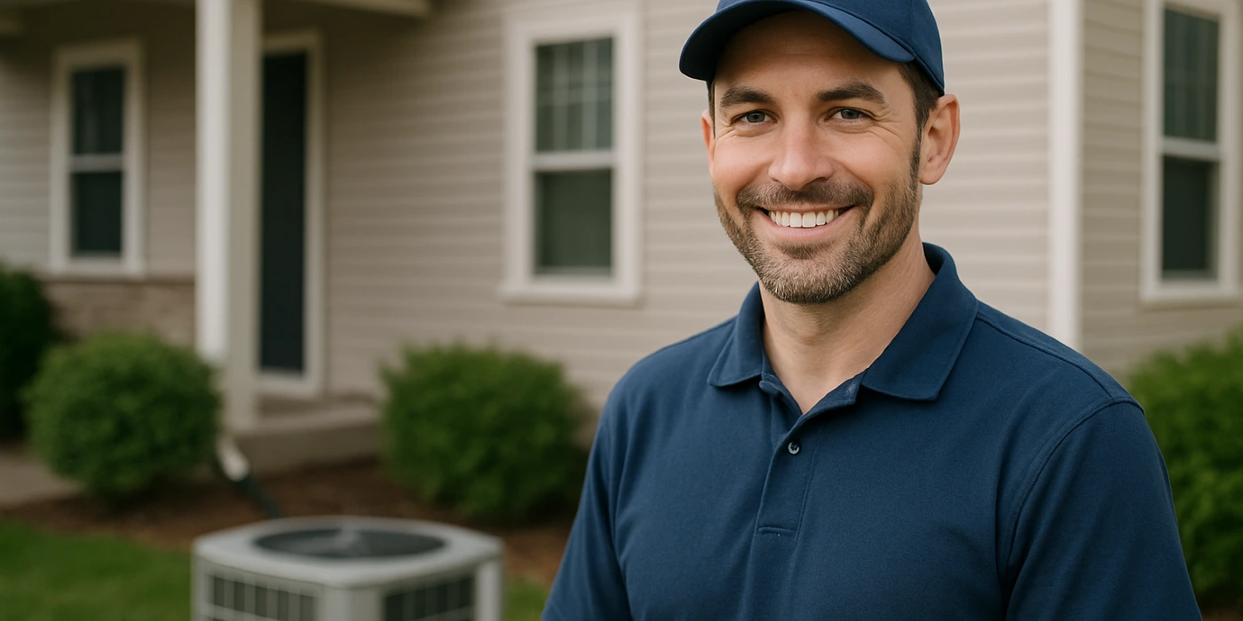 an air conditioning technician on the front porch smiling at the camera and an AC unit next to him from Air Conditioning Repair West Lake in West Lake Hills, TX - HVAC Replacement