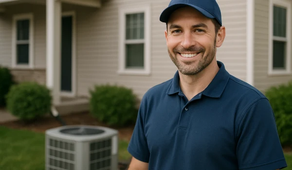 an air conditioning technician on the front porch smiling at the camera and an AC unit next to him from Air Conditioning Repair West Lake in West Lake Hills, TX - HVAC Replacement