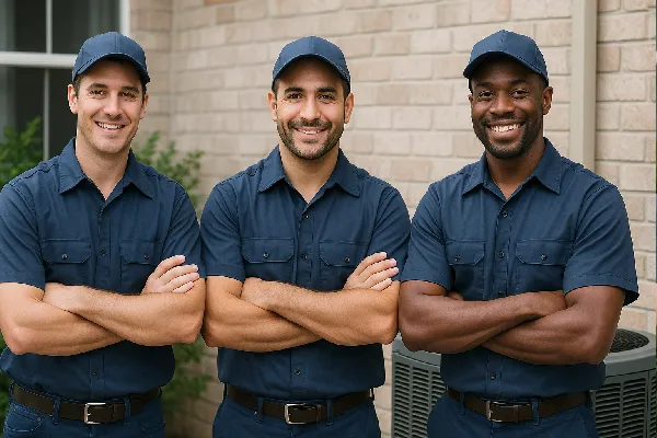 3 air conditioning technician ouside a house smiling at the camera from Air Conditioning Repair West Lake in West Lake Hills, TX - HVAC Replacement