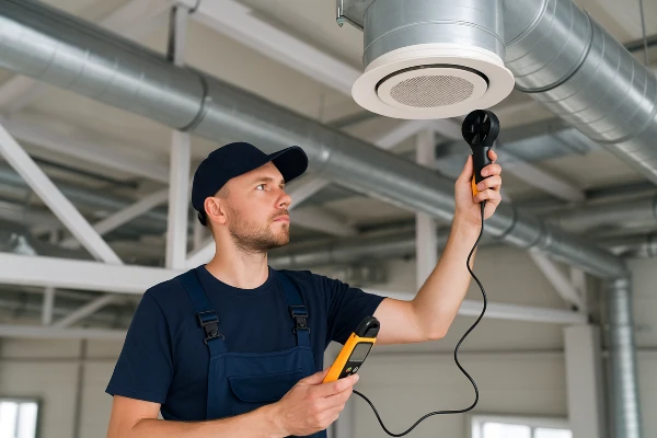 a male hvac technician measuring the temperature with a device from Air Conditioning Repair West Lake in Lakeway, TX - Lakeway TX