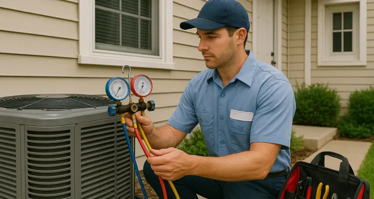 an air conditioning technician in uniform using the manifold gauge to test an ac unit from Air Conditioning Repair West Lake in Leander, TX - Leander TX