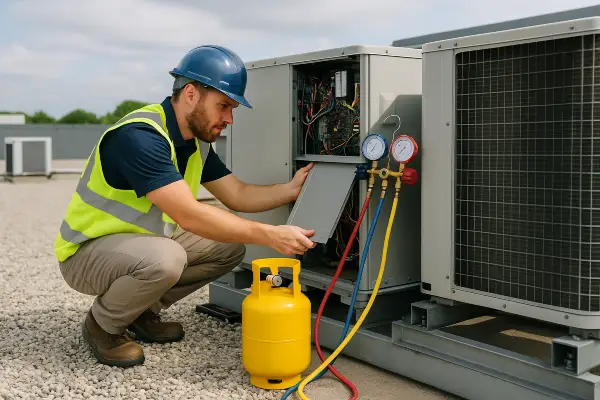 an air conditioning technician using a small freon tank to refill an ac unit from Air Conditioning Repair West Lake in Leander, TX - Leander TX an air conditioning technician using a small freon tank to refill an ac unit from Air Conditioning Repair West Lake in Leander, TX - Leander TX