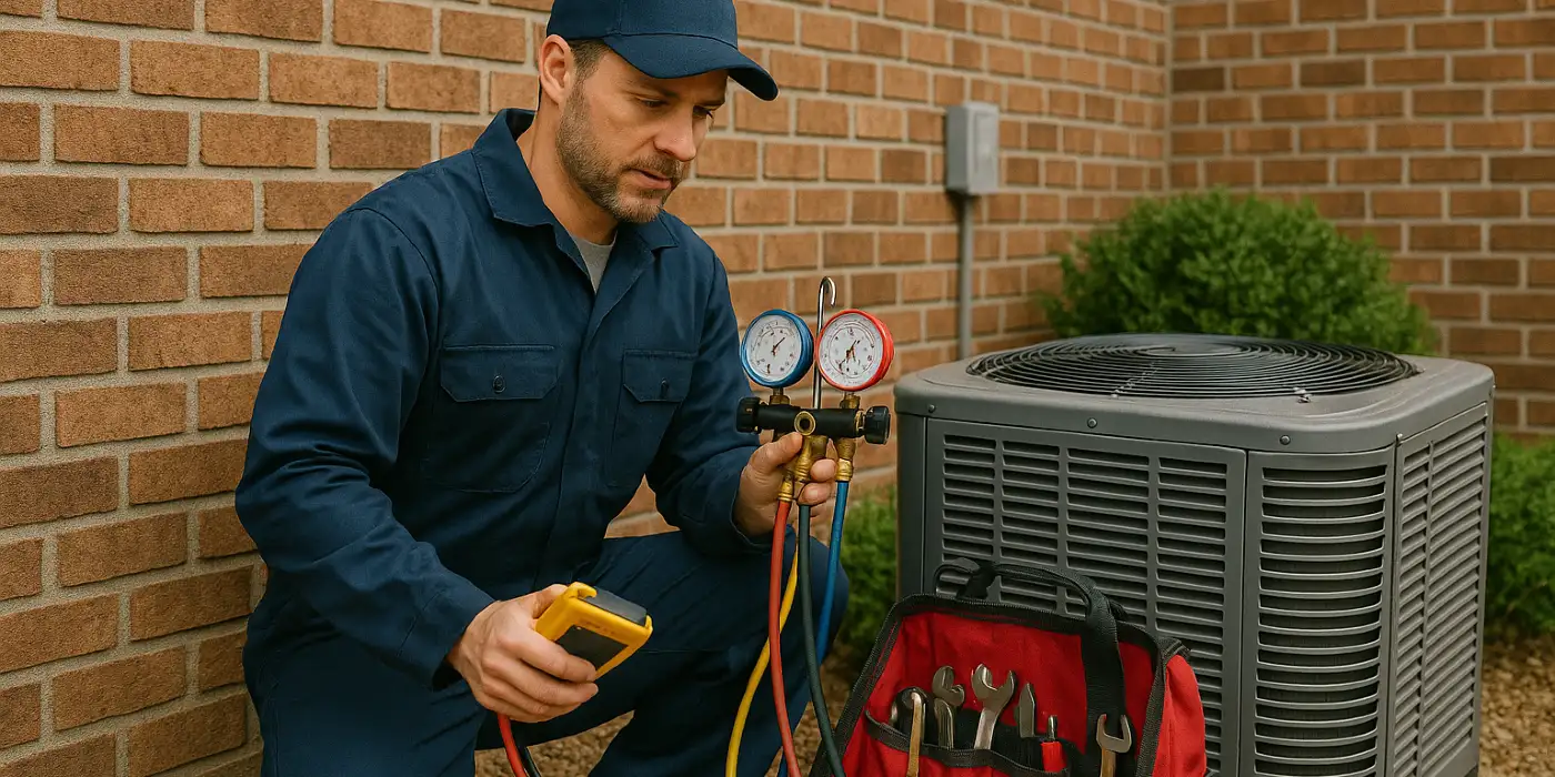 an air conditioning technician with his tools checking an outside ac unite from Air Conditioning Repair West Lake in West Lake Hills, TX - Residential Air Conditioning Repair