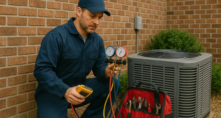 an air conditioning technician with his tools checking an outside ac unite from Air Conditioning Repair West Lake in West Lake Hills, TX - Residential Air Conditioning Repair