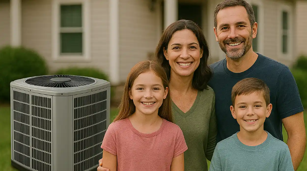 a family outside the house smiling at the camera with a new AC unit next to them from Air Conditioning Repair West Lake in Round Rock, TX - Round Rock TX